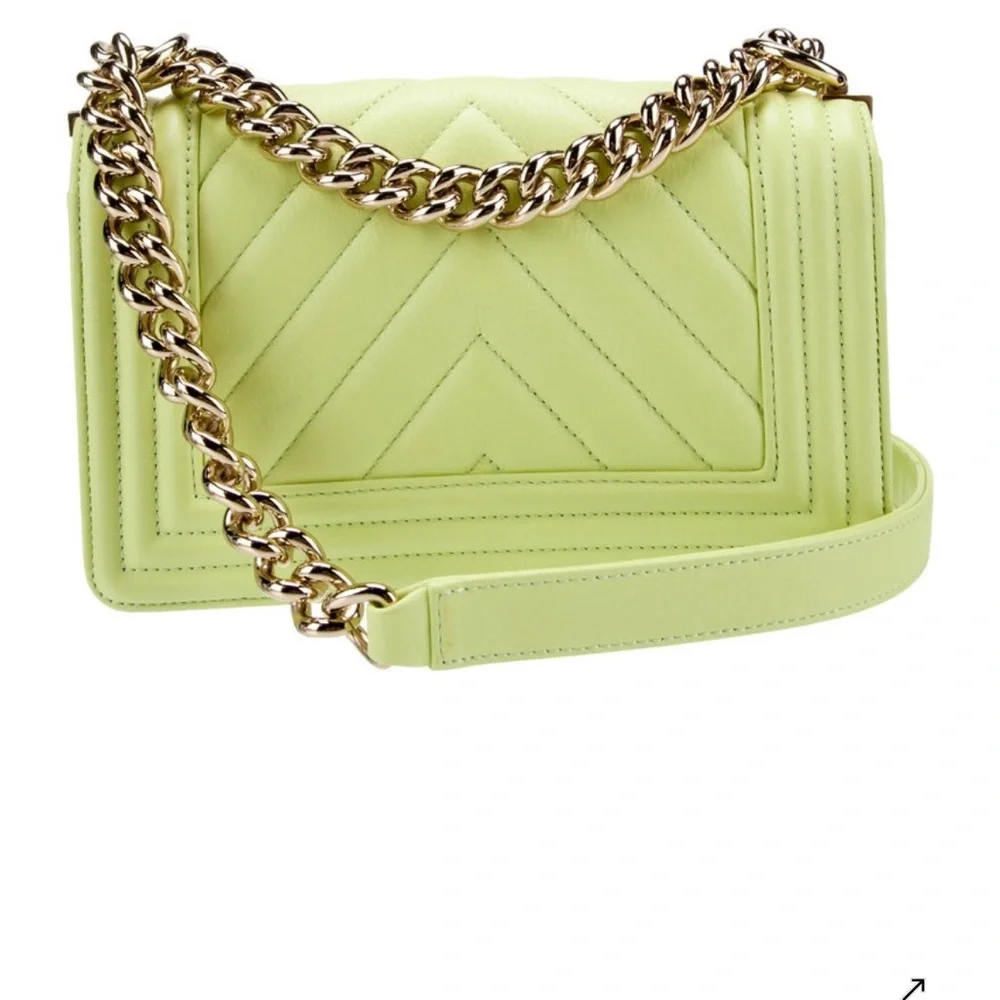 CHANEL Lime Green Boy Chevron Lambskin Shoulder Bag with Gold Chain